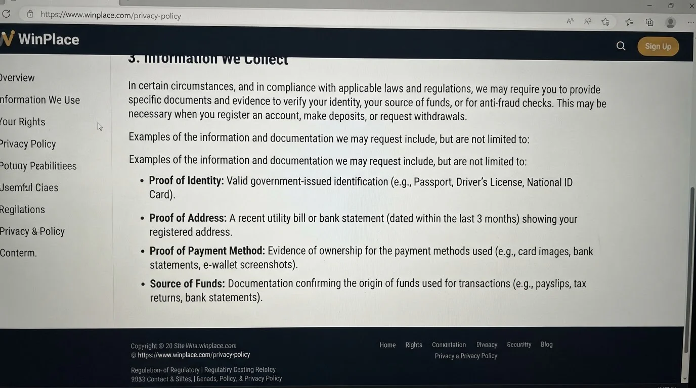 Actuele WinPlace voorwaarden of privacytekst over verificatie en documentcategorieën