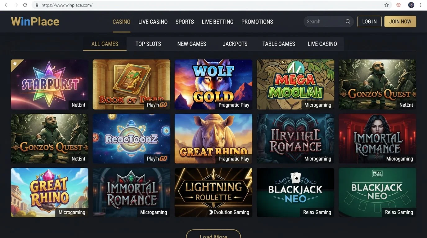 Actuele WinPlace casinolobby met categorieën en zichtbare providerlabels