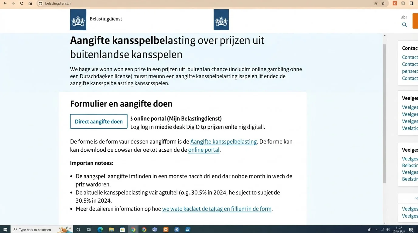 Actuele Belastingdienst-pagina voor aangifte kansspelbelasting bij online kansspelen zonder Nederlandse vergunning