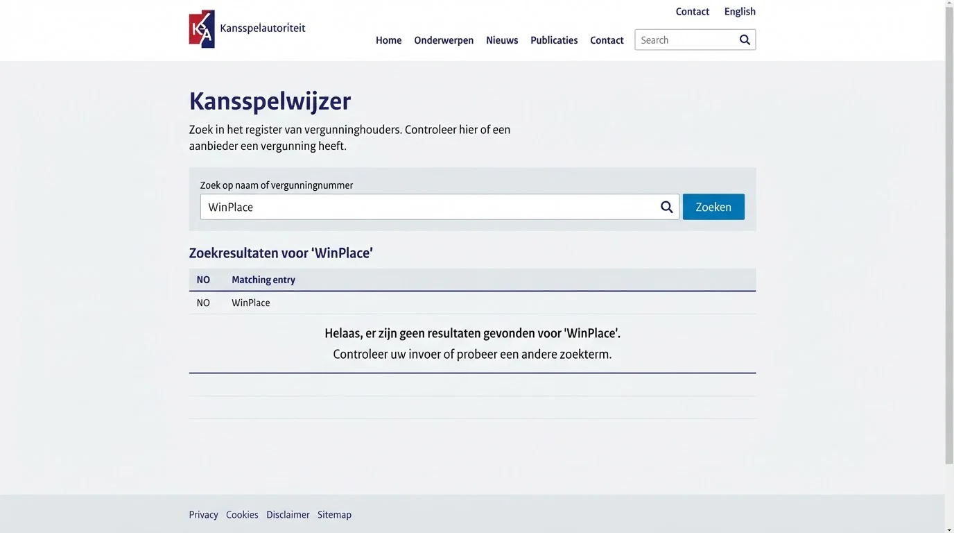 Kansspelwijzer van de Kansspelautoriteit met een actuele zoekopdracht naar WinPlace