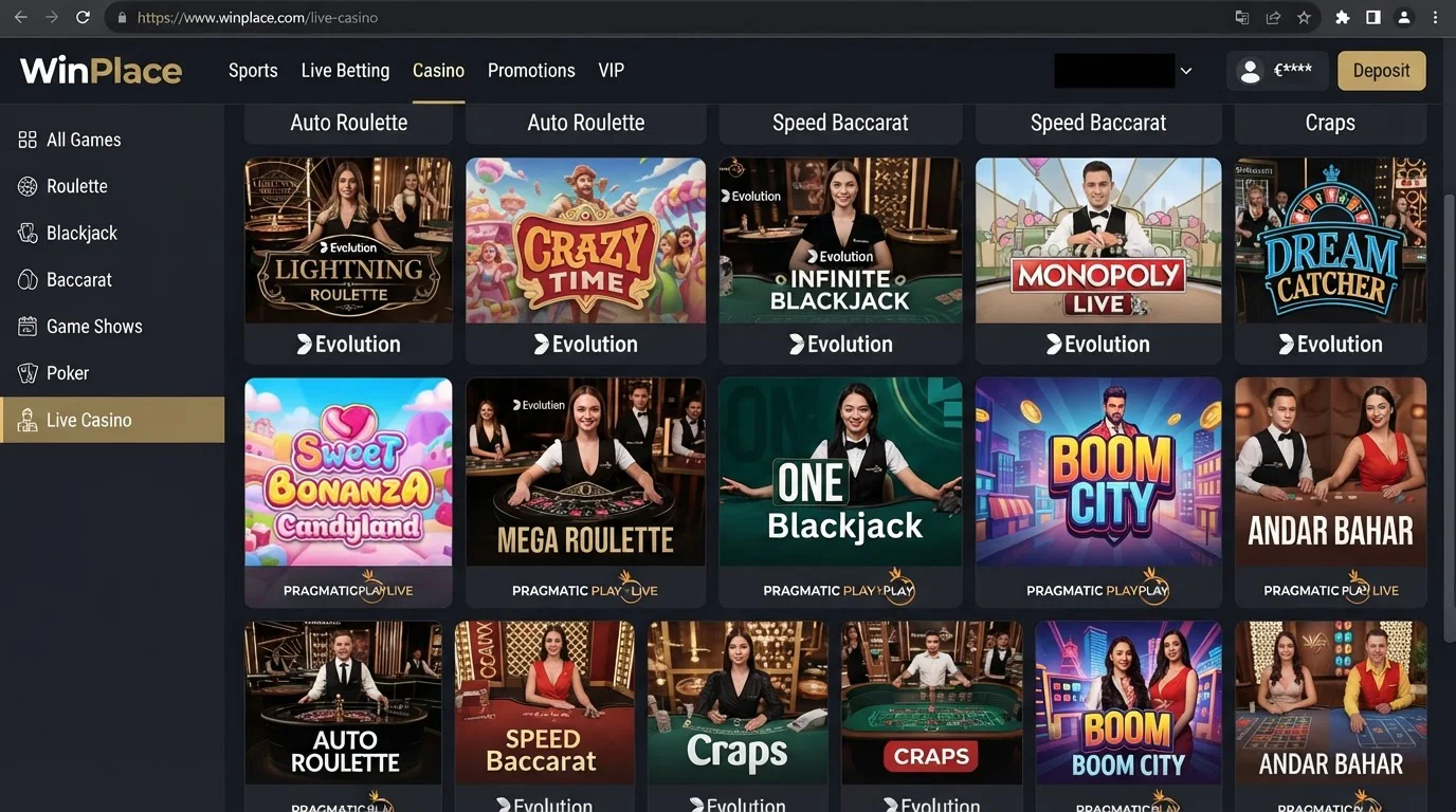 Actuele WinPlace live-casino lobby met Evolution en Pragmatic Play Live spellen