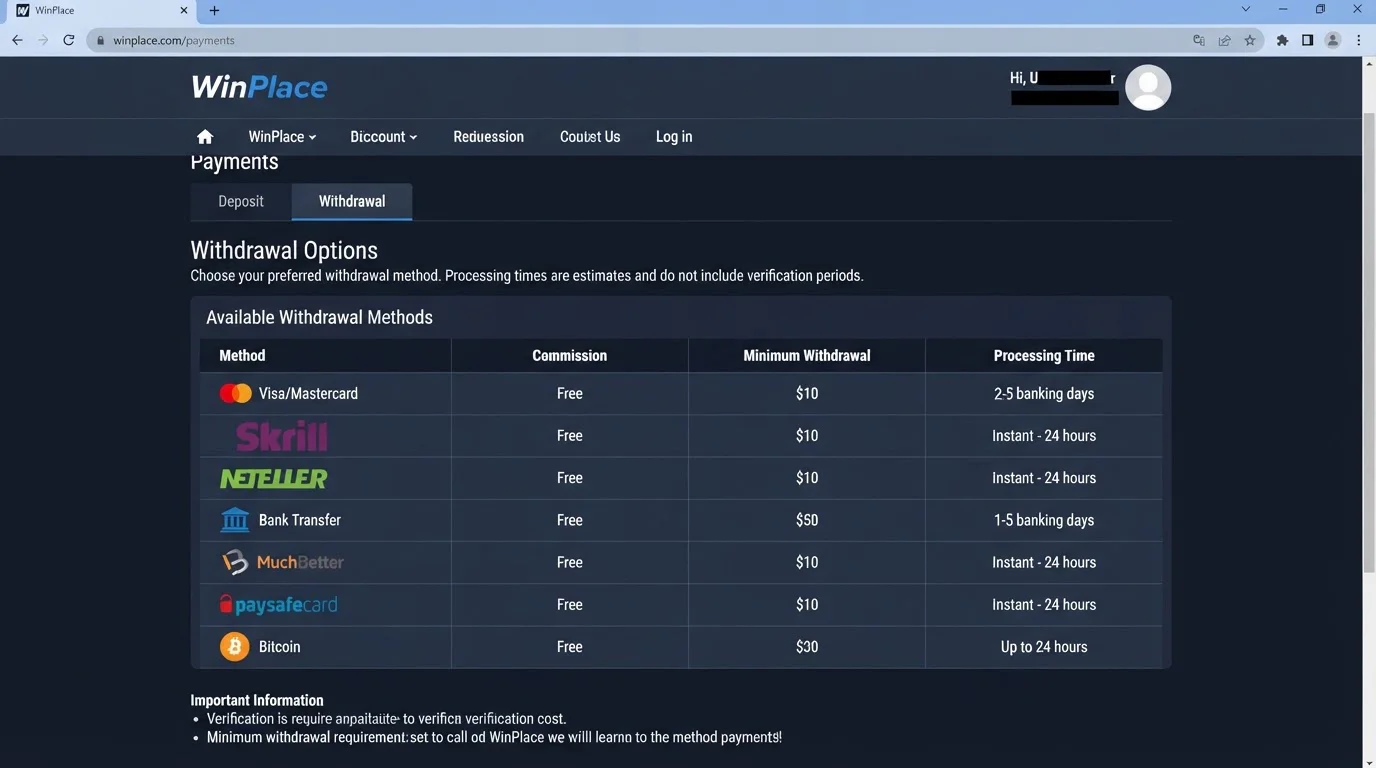 Actuele WinPlace opnametabel met betaalmethoden, minimums en verwerking
