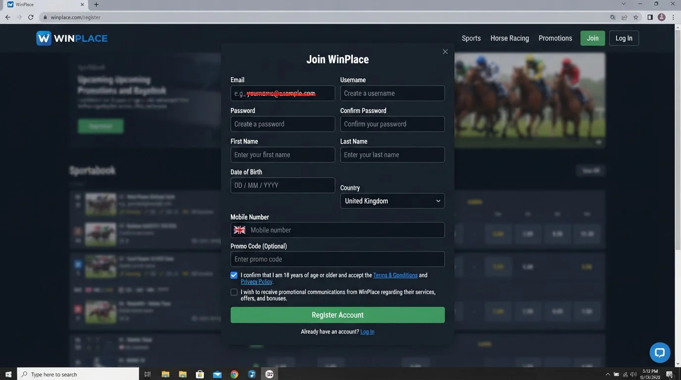 Actuele WinPlace registratie-interface met de werkelijk zichtbare invoervelden