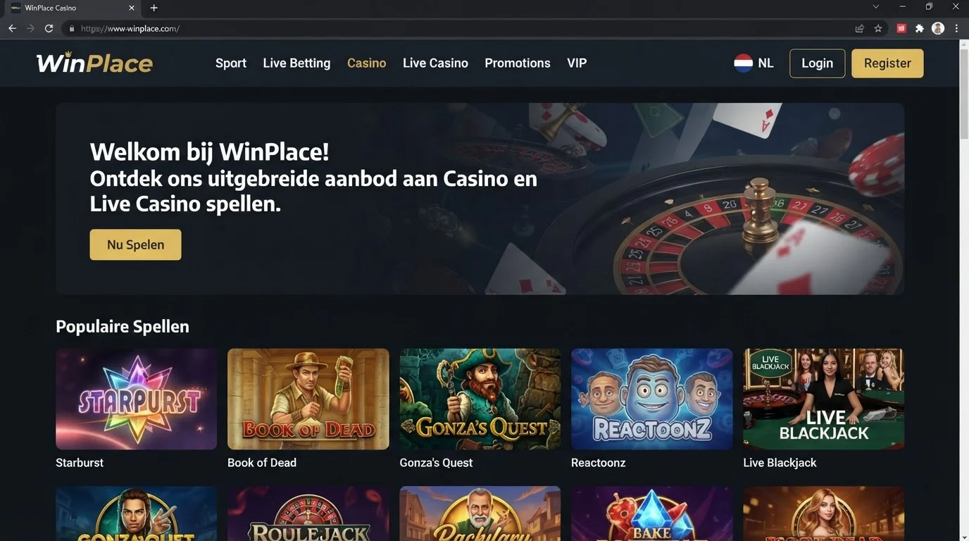 Actuele WinPlace-homepage met de merkinterface en casinonavigatie